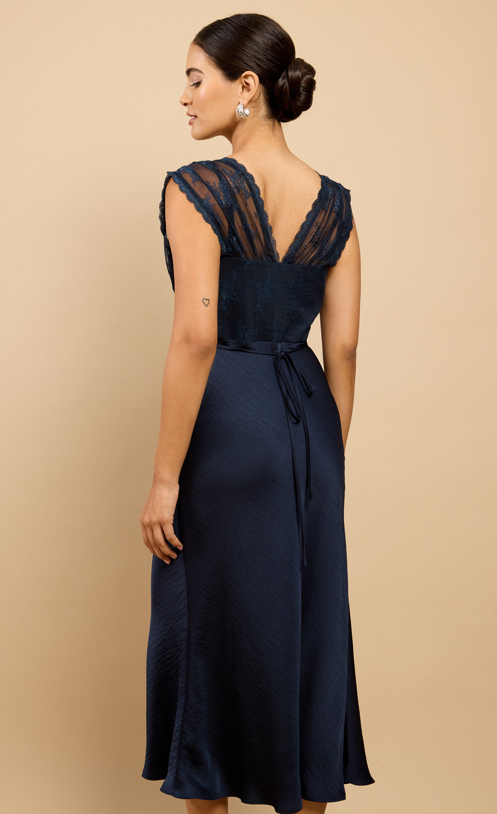 Aura Navy Satin Lace Detail Midaxi Dress