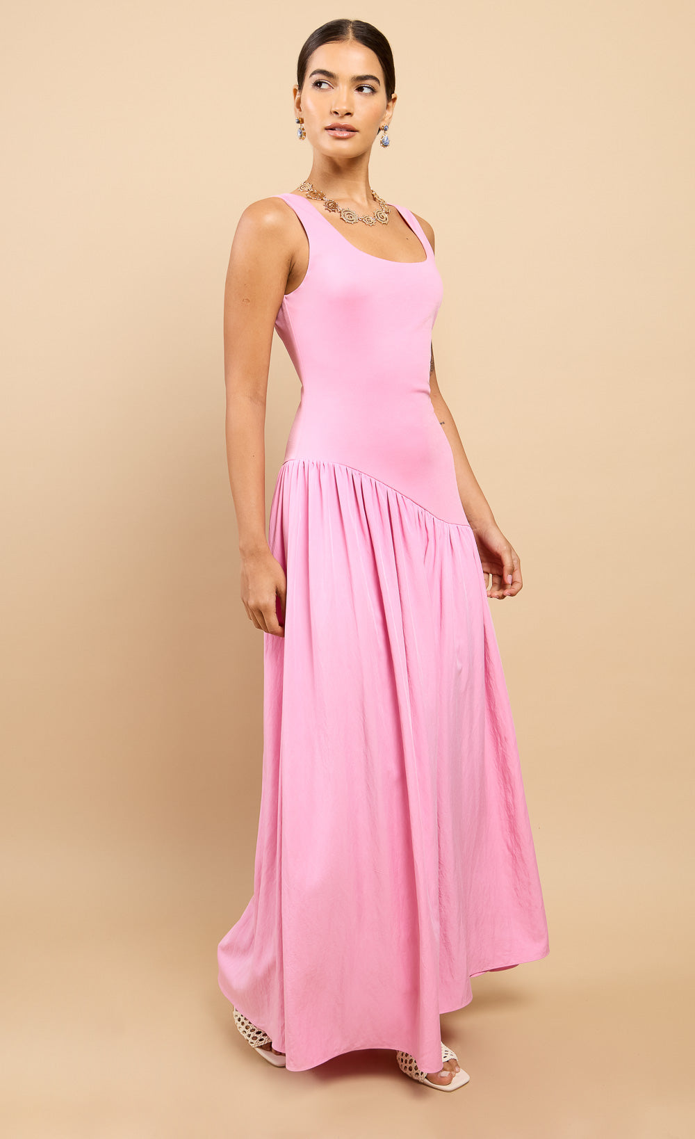 Pink Dropped Waist Midaxi Dress for Effortless Style