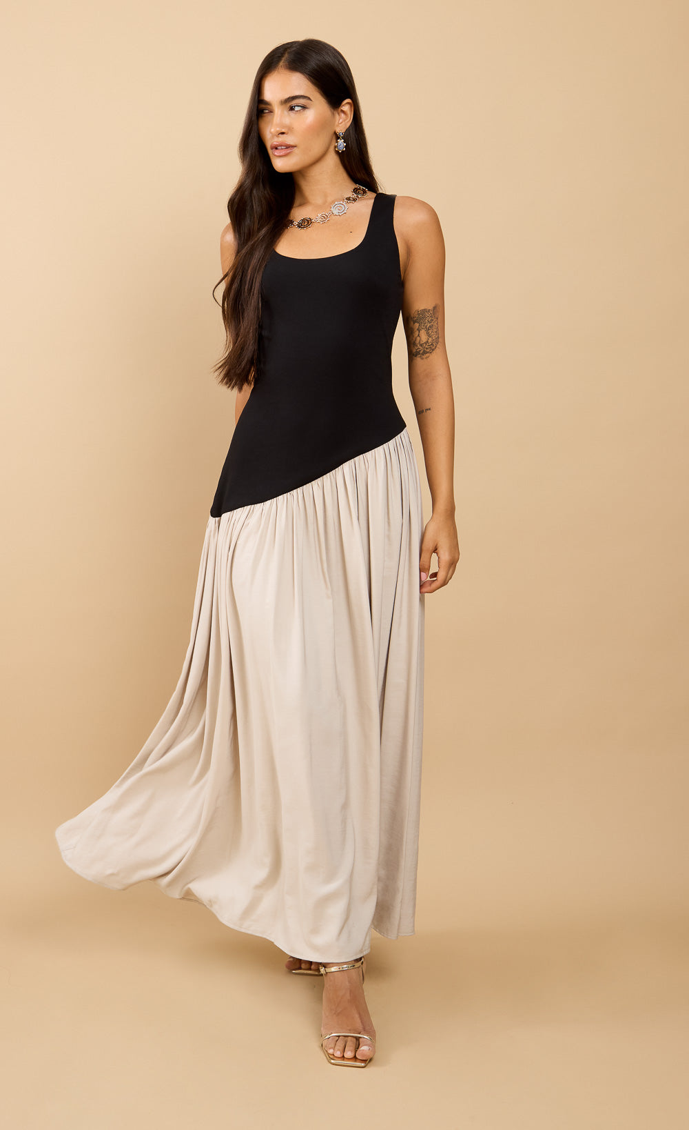 Elora Black Dropped Waist Midaxi Dress