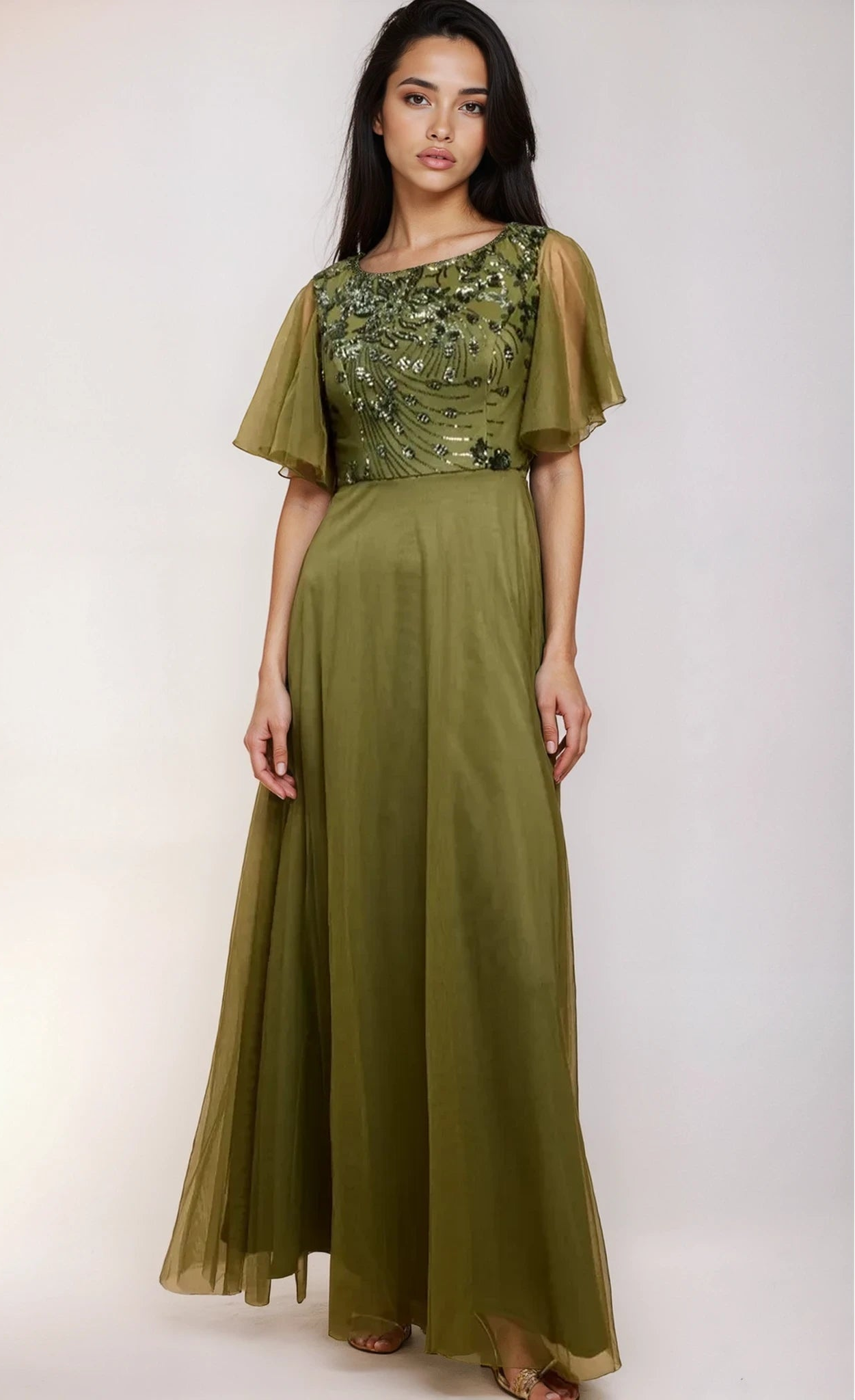 Valentina Khaki Green Angel Sleeve Sequin Maxi Dress
