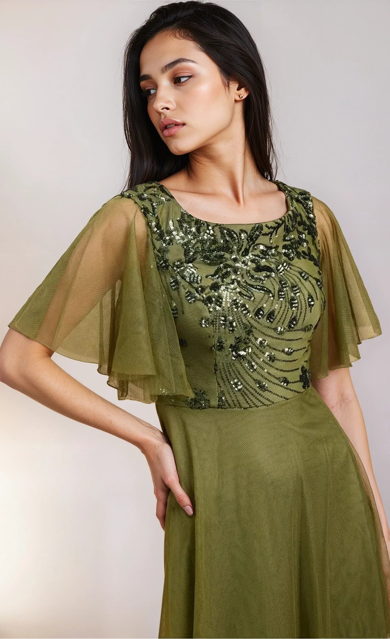 Valentina Khaki Green Angel Sleeve Sequin Maxi Dress