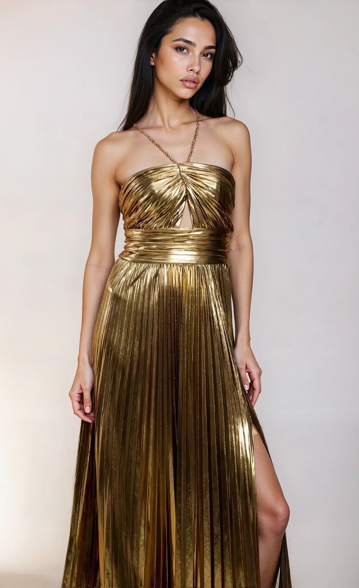 Valencia Gold Metallic Pleated Maxi Dress