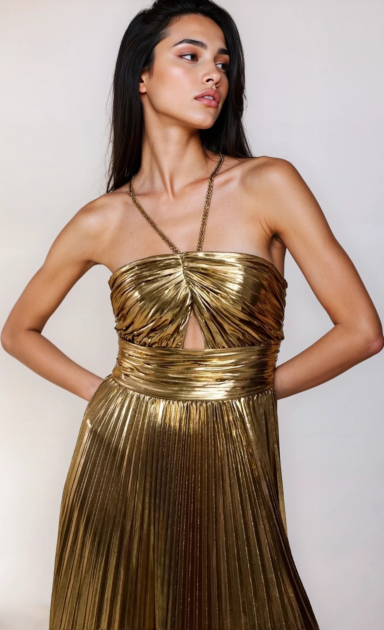 Valencia Gold Metallic Pleated Maxi Dress