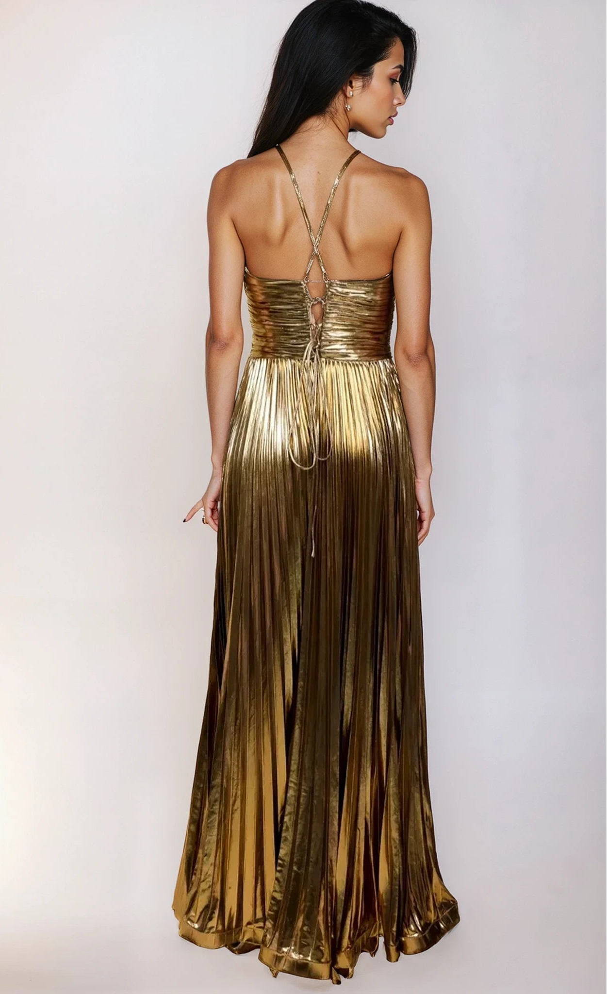 Valencia Gold Metallic Pleated Maxi Dress