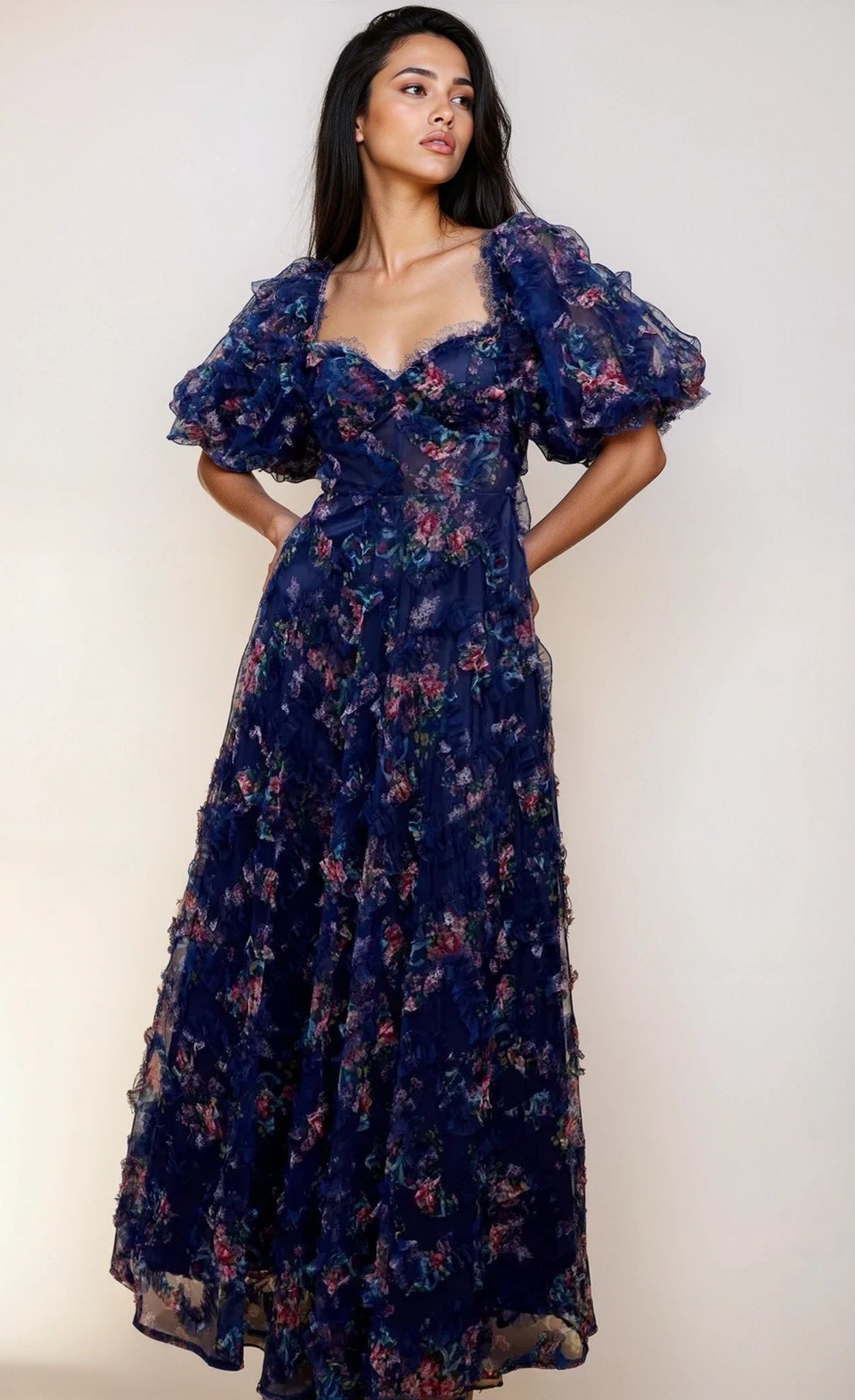 velvet winter wedding guest dresses Vesper Navy Floral Print Ruffle Maxi Dress