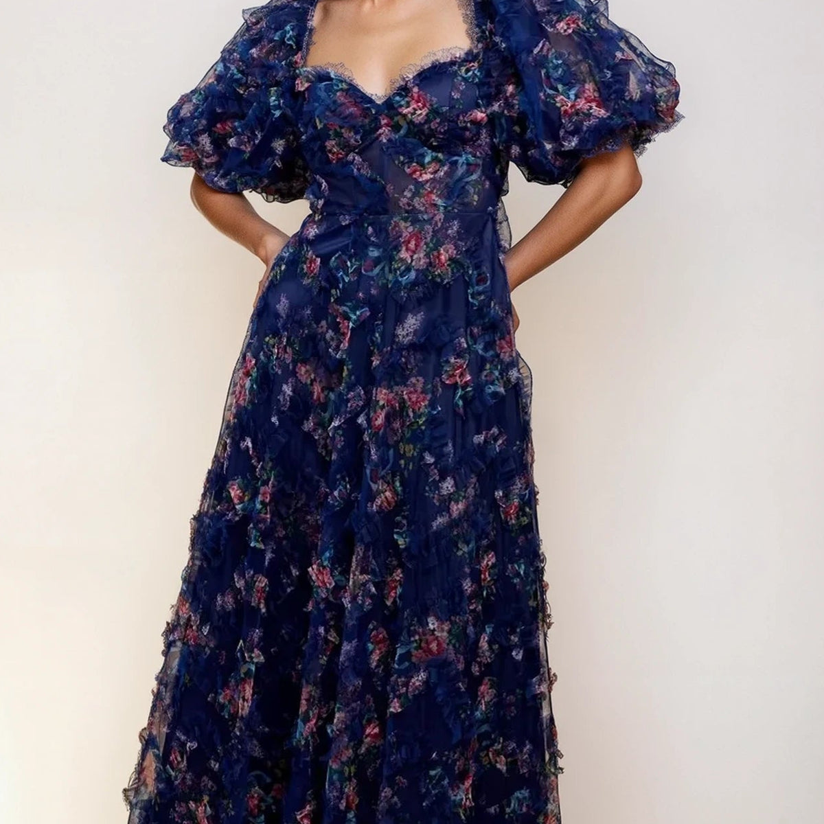 little mistress navy embellished maxi dress Vesper Navy Floral Print Ruffle Maxi Dress