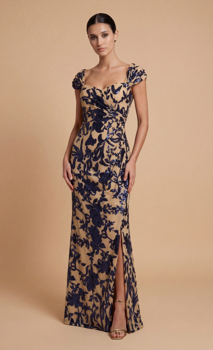 Thomasine Navy Floral Gathered Maxi Dress