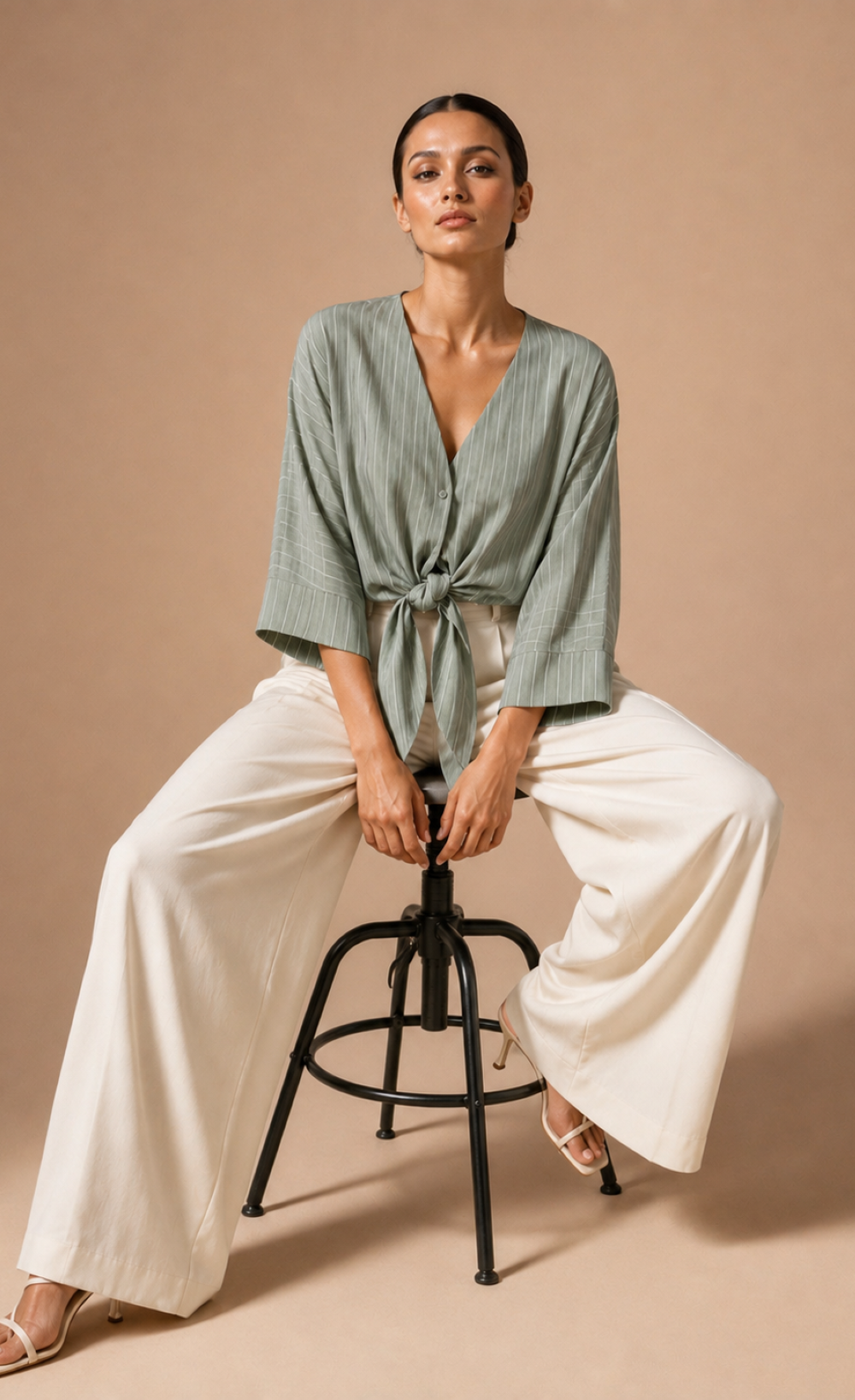 Green Stripe Tie-Knot Top with V-Neck