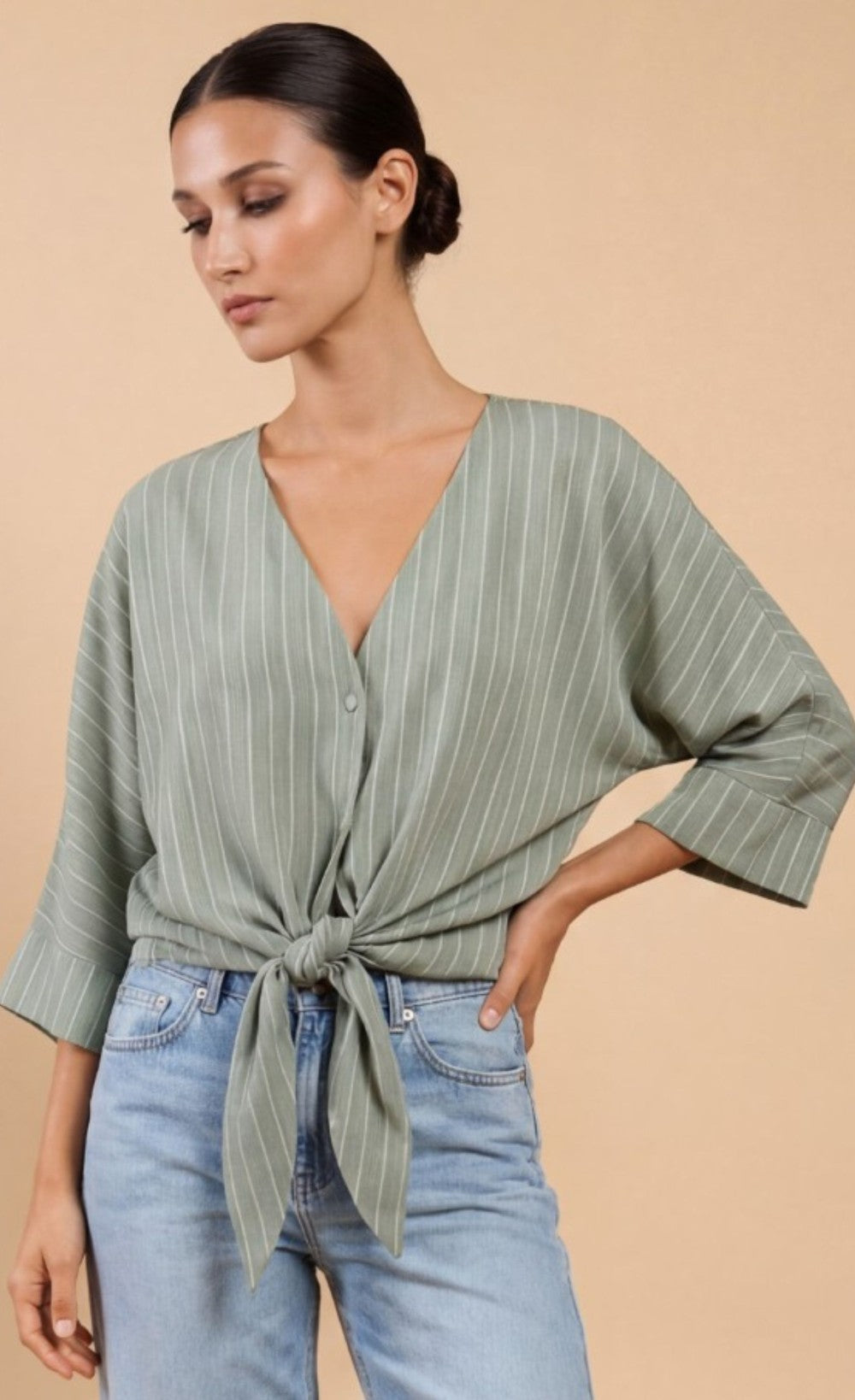 Green Stripe Tie-Knot Top with V-Neck