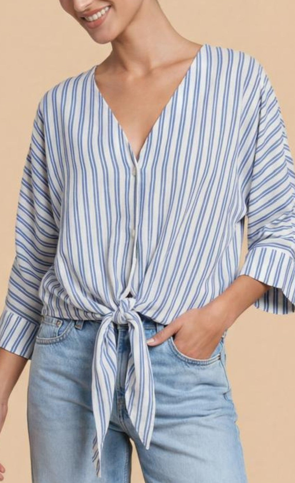 Blue Stripe Tie-Knot Top with V-Neck