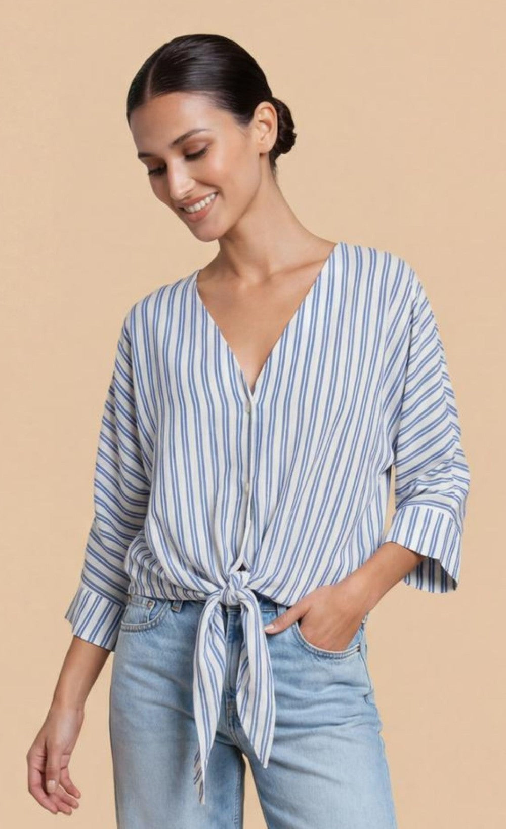 Blue Stripe Tie-Knot Top with V-Neck