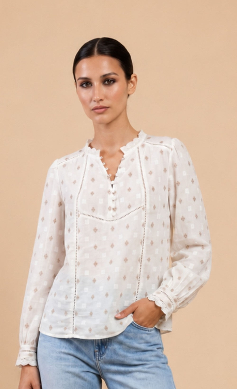 White Jacquard Cotton Top with Lace Detail