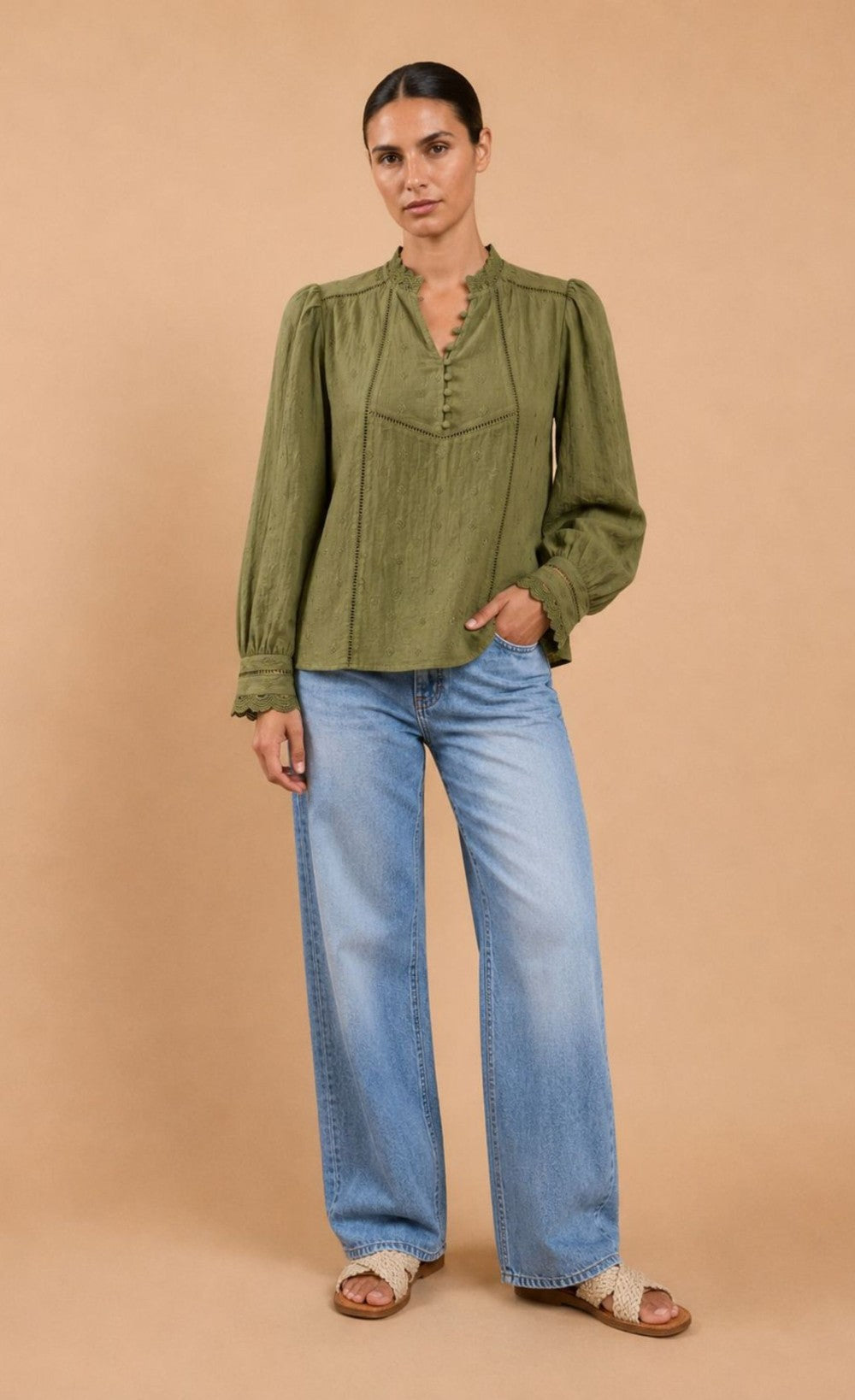 Green Schiffly Embroidered Cotton Top