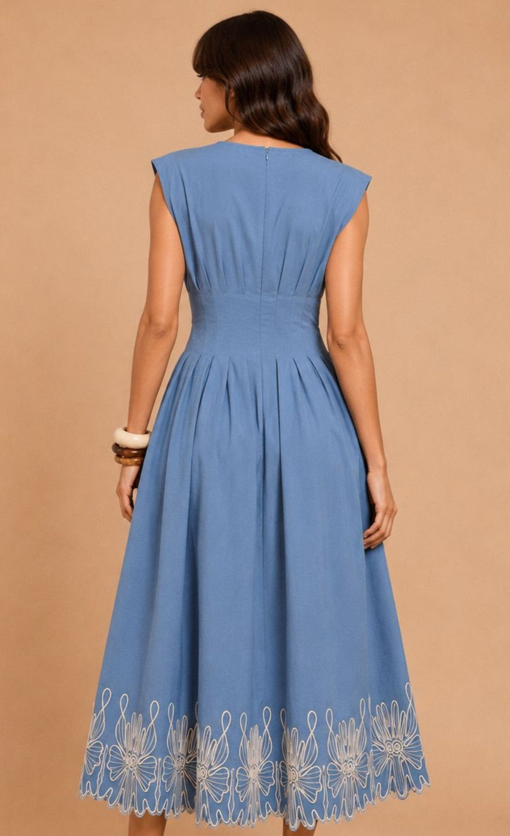 Blue Sleeveless Embroidered Midi Dress