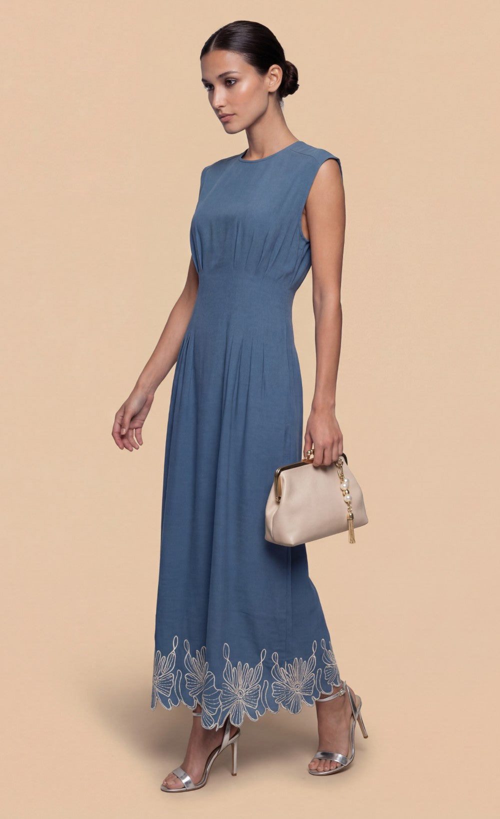 Blue Sleeveless Embroidered Midi Dress