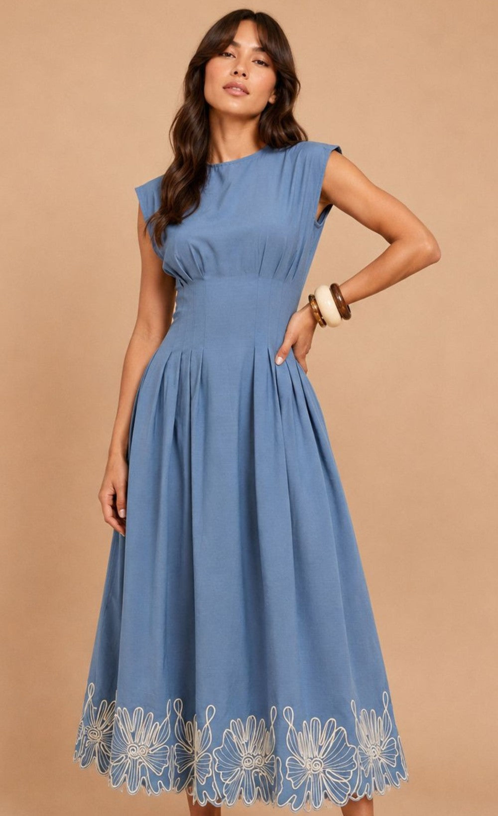 Blue Sleeveless Embroidered Midi Dress