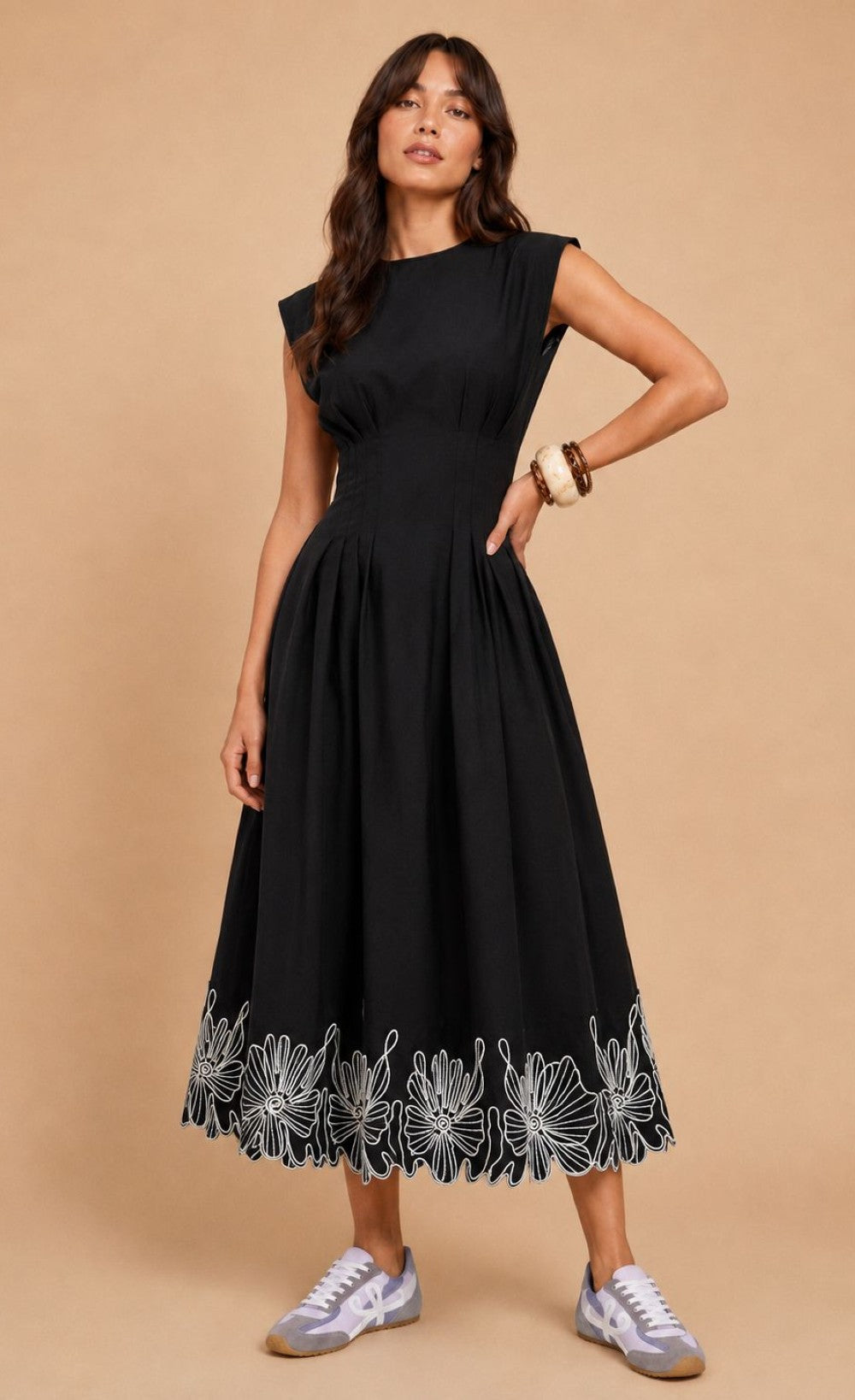 Black Sleeveless Embroidered Midi Dress