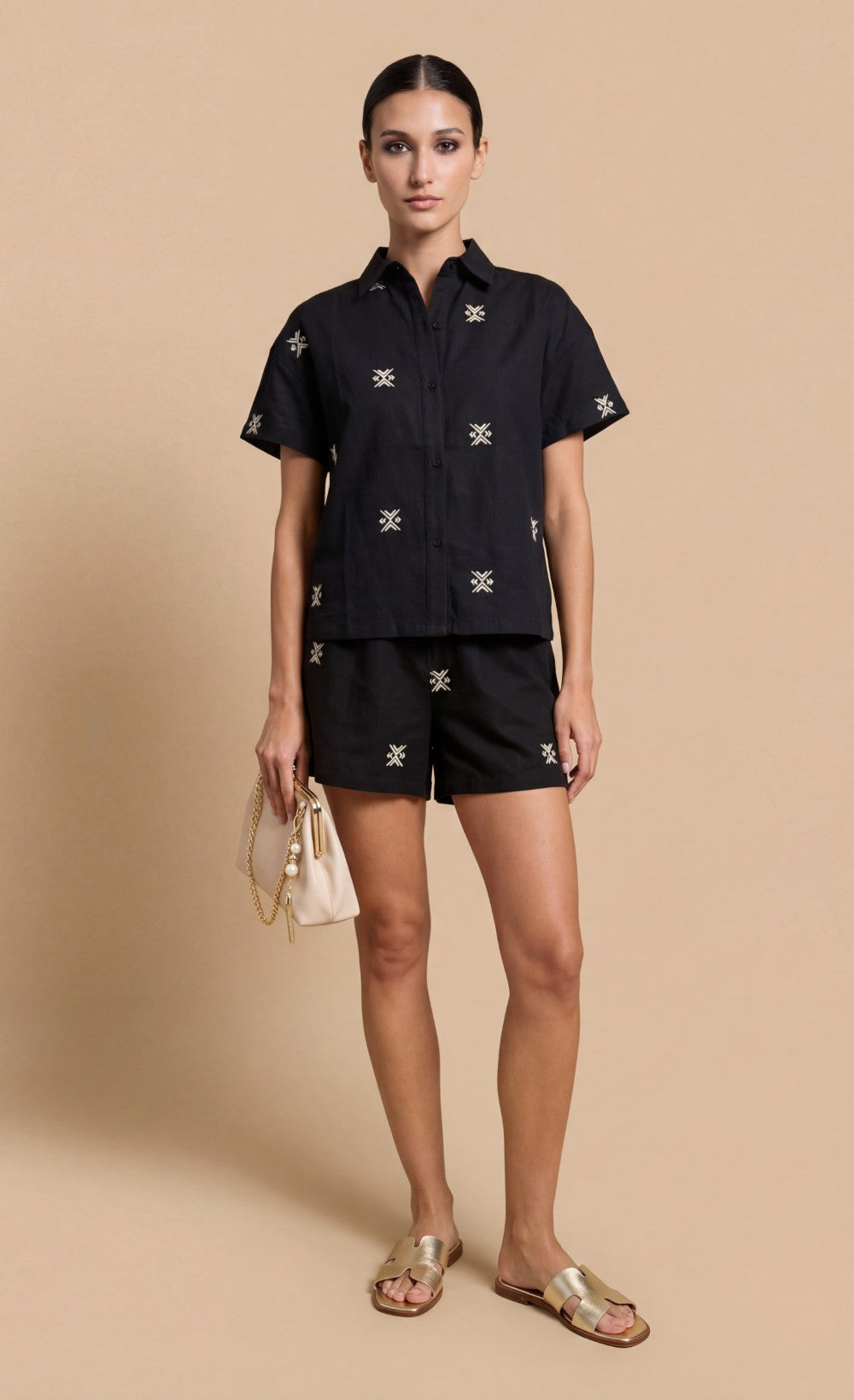 Black Embroidered Cotton Shorts
