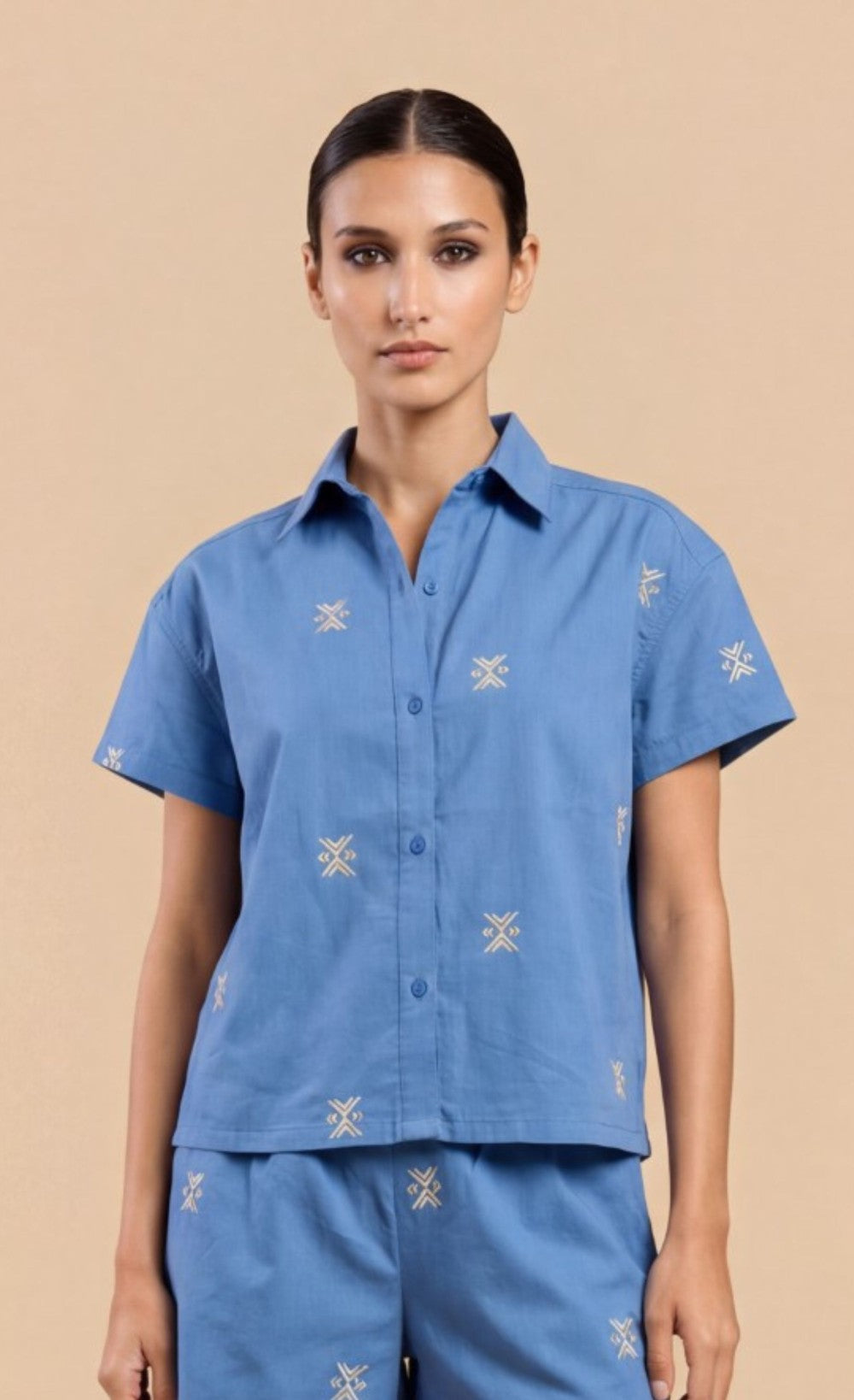 Blue Embroidered Cotton Linen Shirt