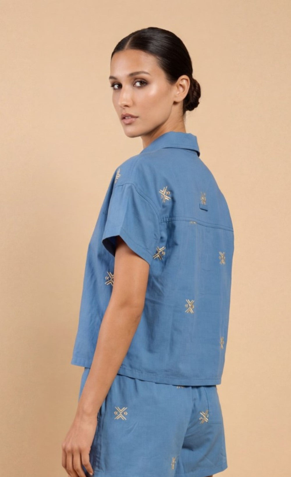 Blue Embroidered Cotton Linen Shirt