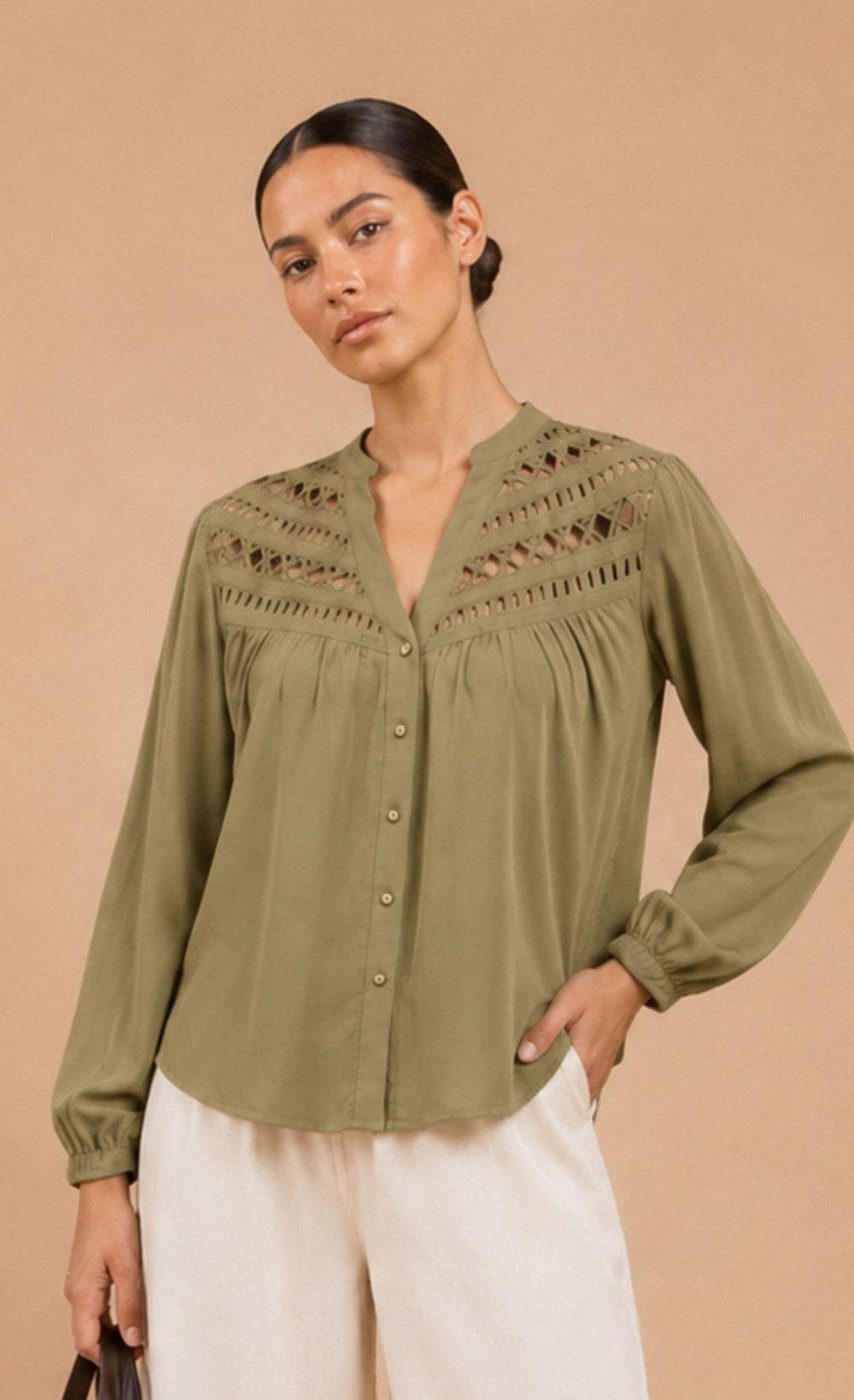 Olive Cutwork Detail Shirt