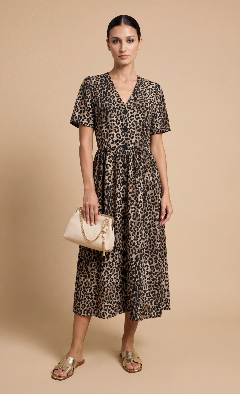 Animal Print Crepe Button-Down Midi Dress