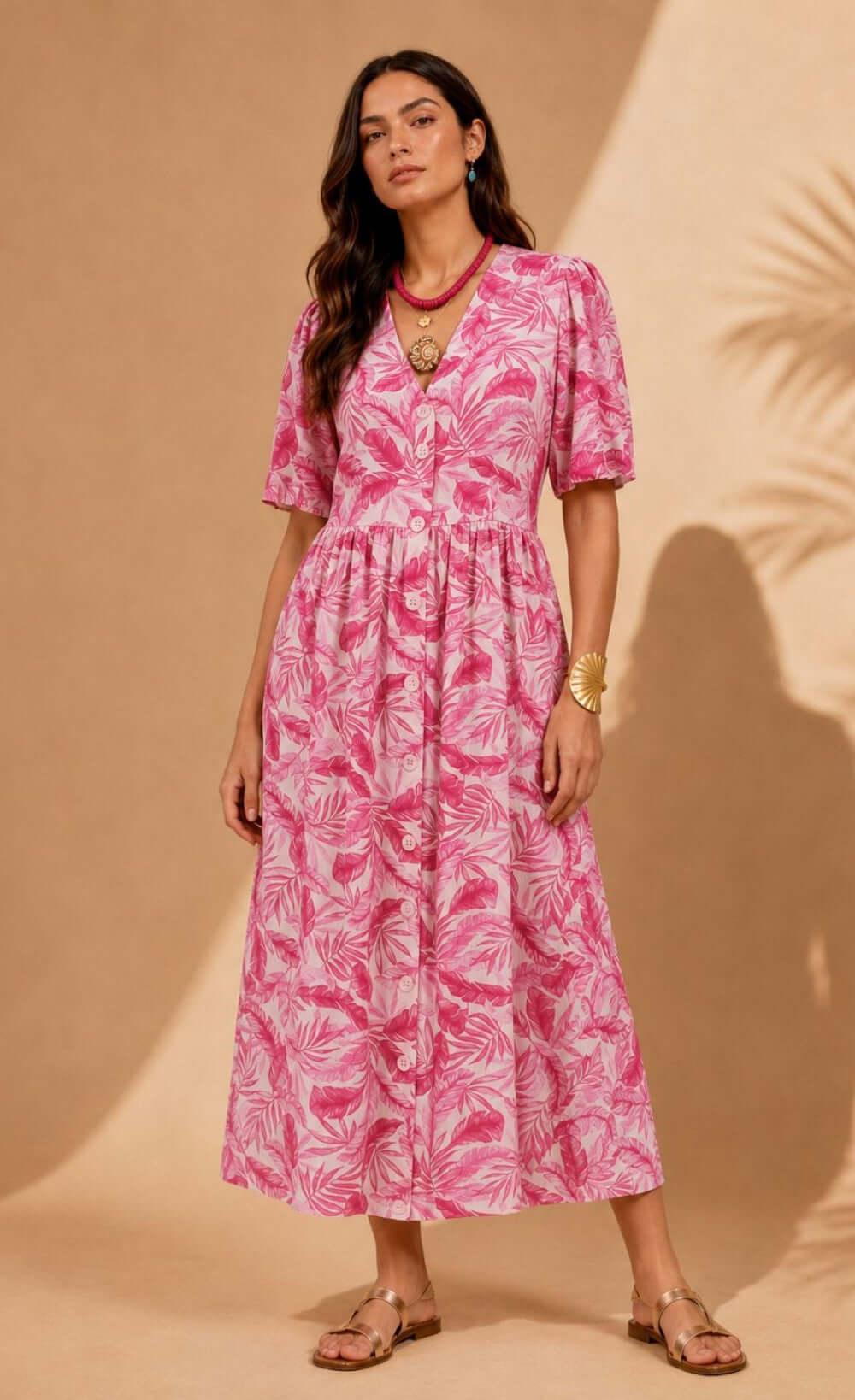 Pink Print Shirt Button-Down Midi Dress