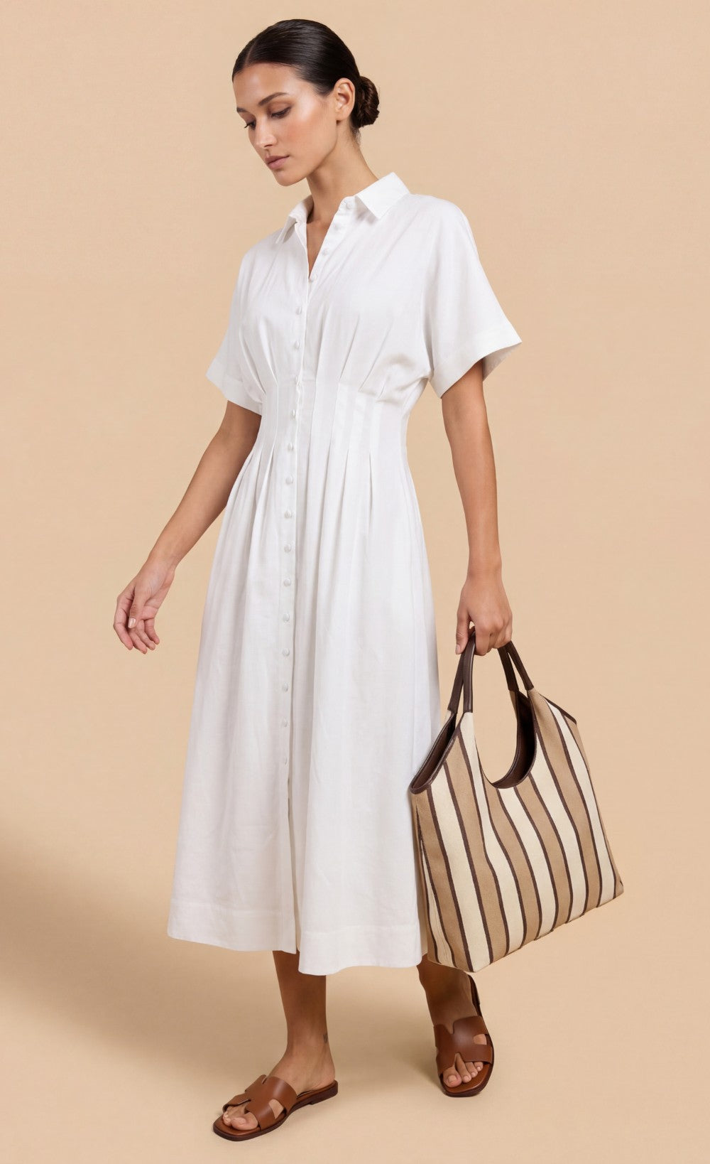 White Cotton Linen Button-Down Midi Dress