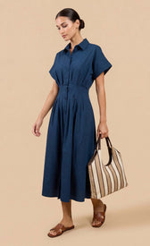 Blue Cotton Linen Button-Down Midi DressDressesButton-Down DressLittle Mistress