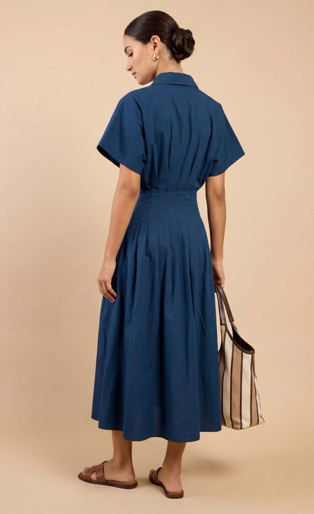 Blue Cotton Linen Button-Down Midi Dress