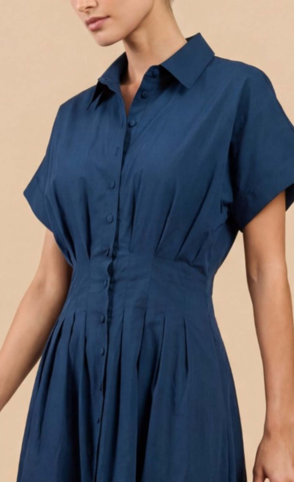 Blue Cotton Linen Button-Down Midi Dress
