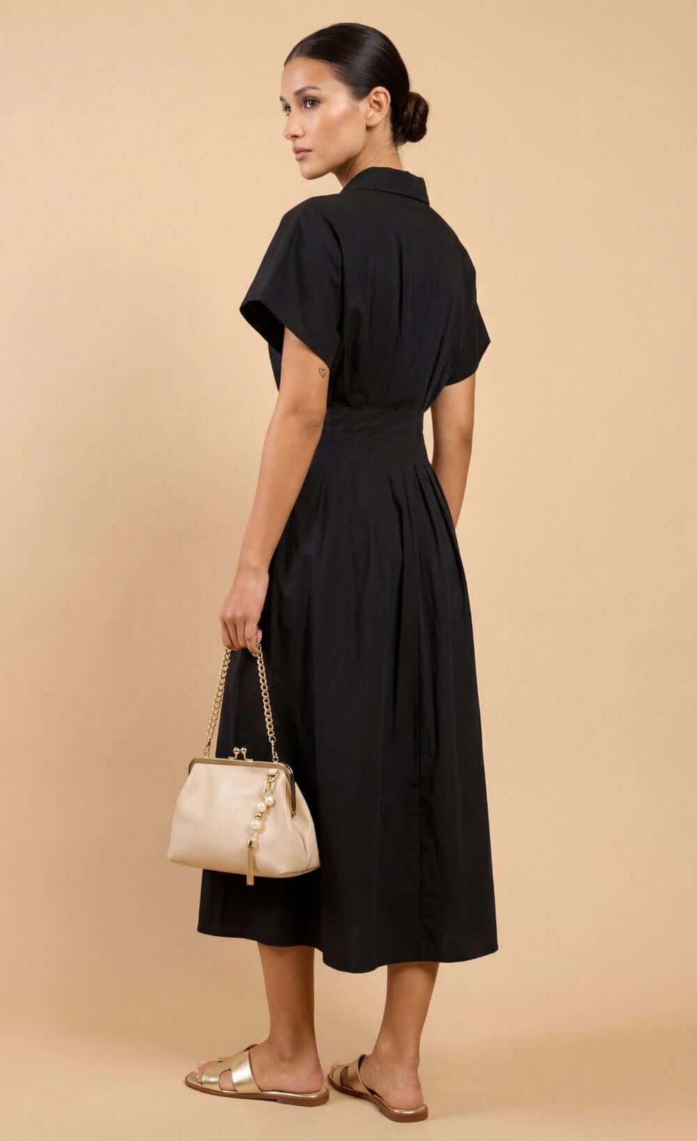 Black Cotton Linen Button-Down Midi Dress