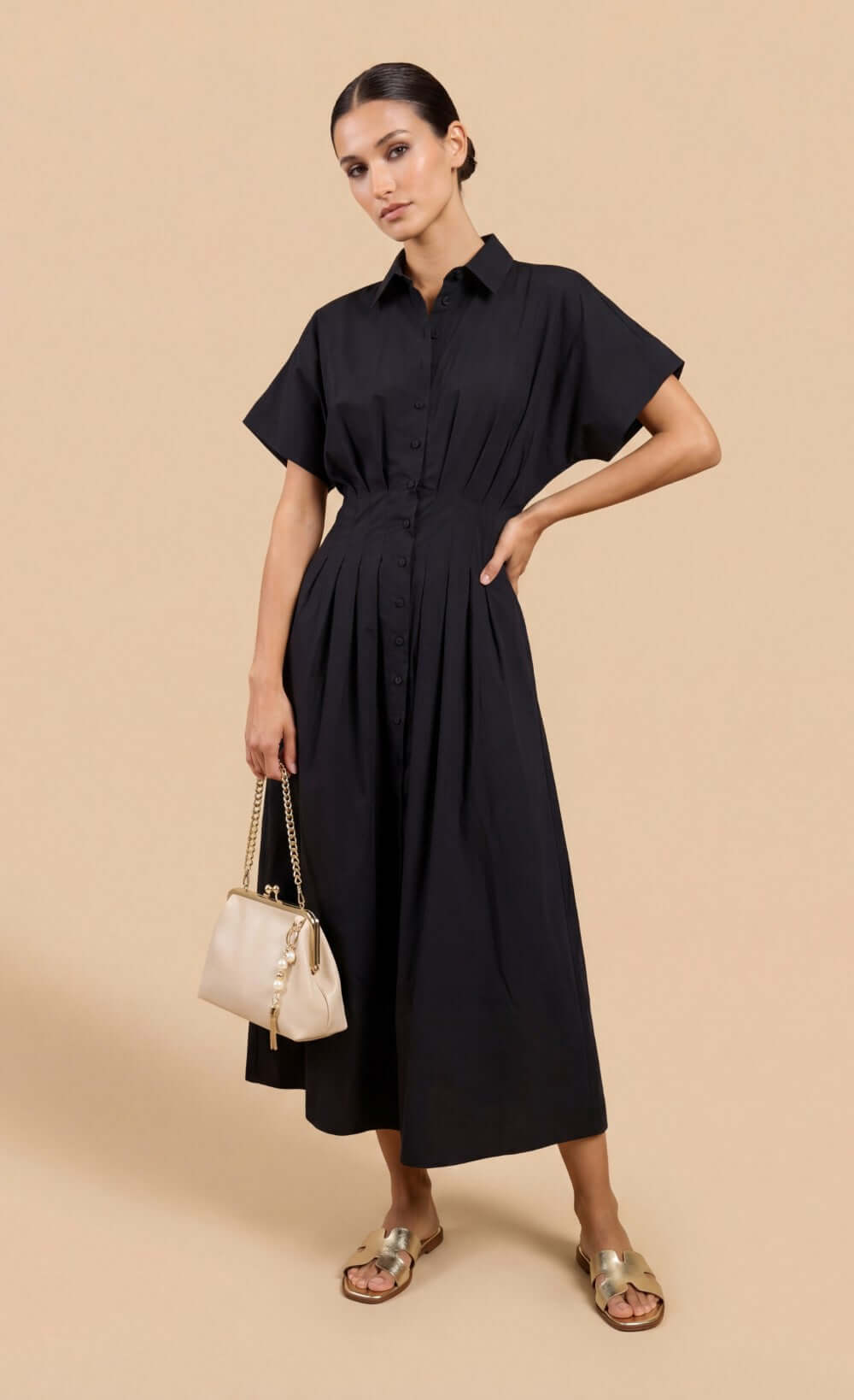 Black Cotton Linen Button-Down Midi Dress