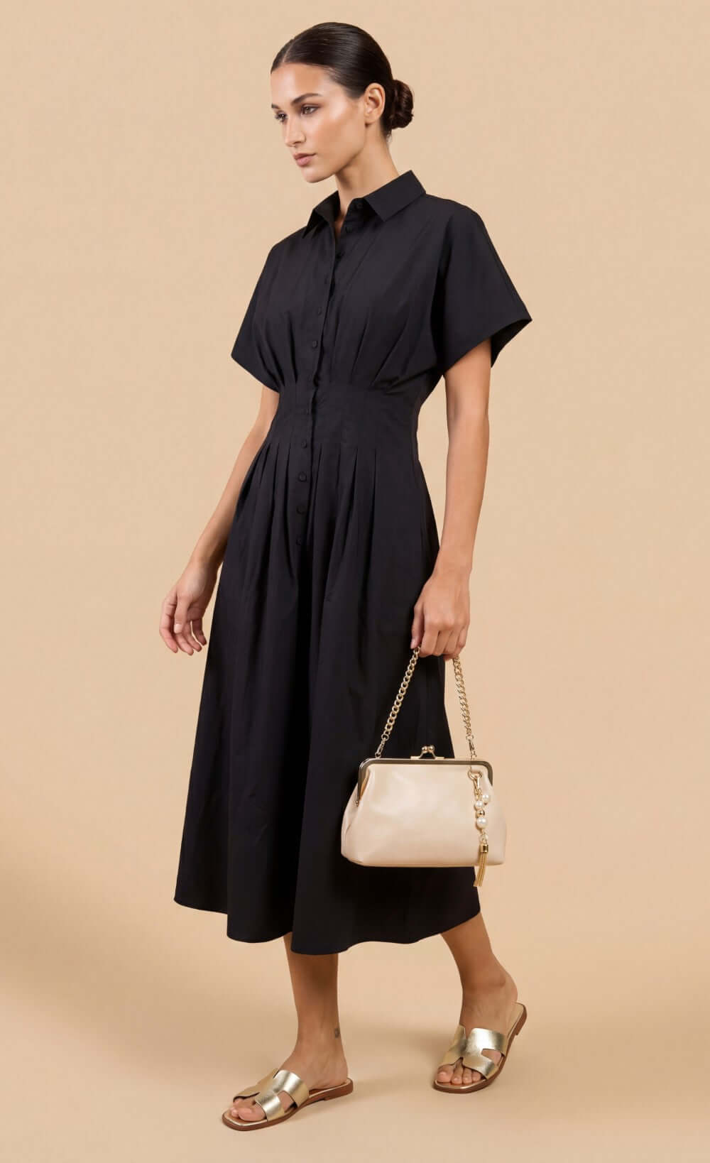 Black Cotton Linen Button-Down Midi Dress