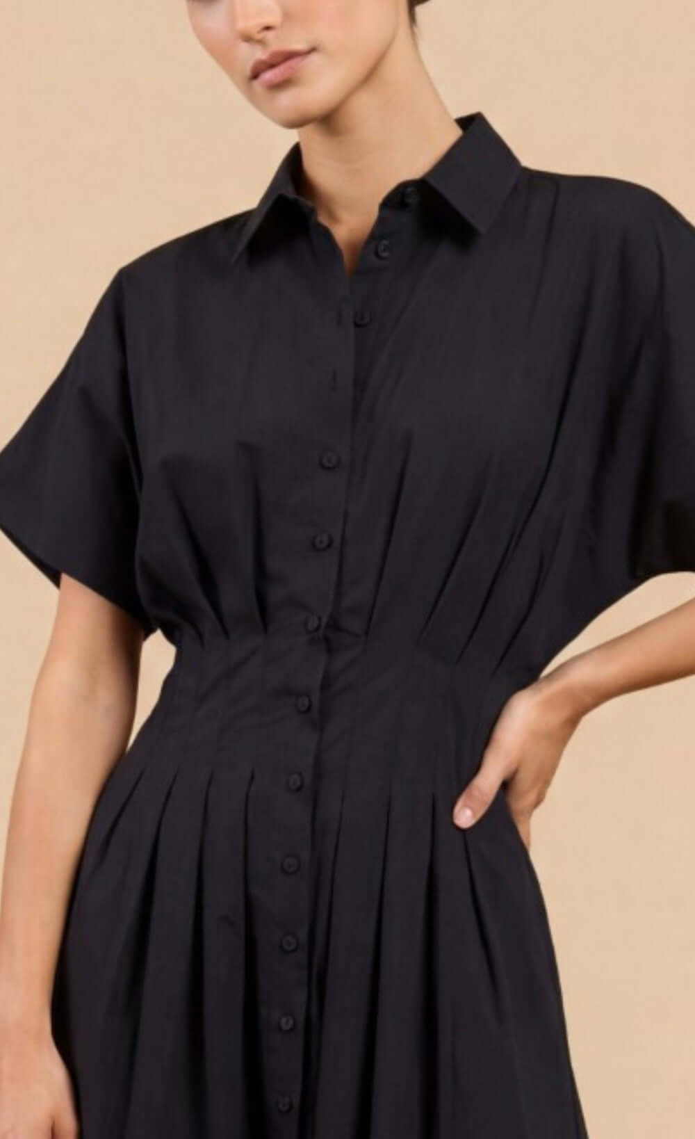 Black Cotton Linen Button-Down Midi Dress