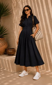 Black Cotton Linen Button-Down Midi DressDressesButton-Down DressLittle Mistress