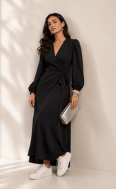 Black Long Sleeve Wrap Midi DressDressesWrap DressLittle Mistress