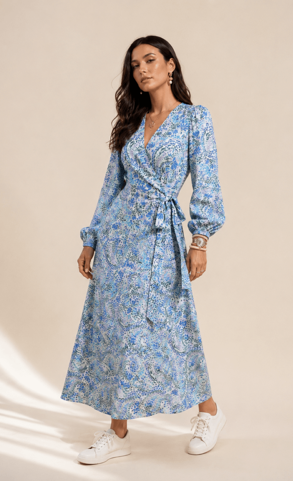 Blue Tropical Print Long Sleeve Wrap Midi Dress