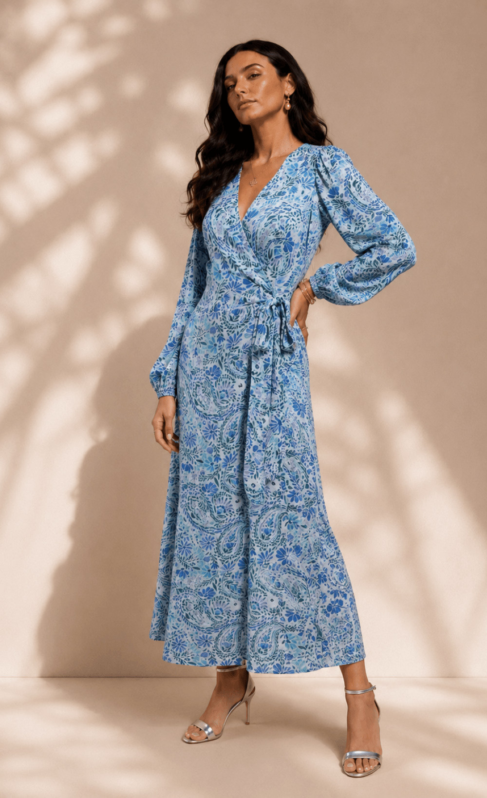 Blue Tropical Print Long Sleeve Wrap Midi Dress