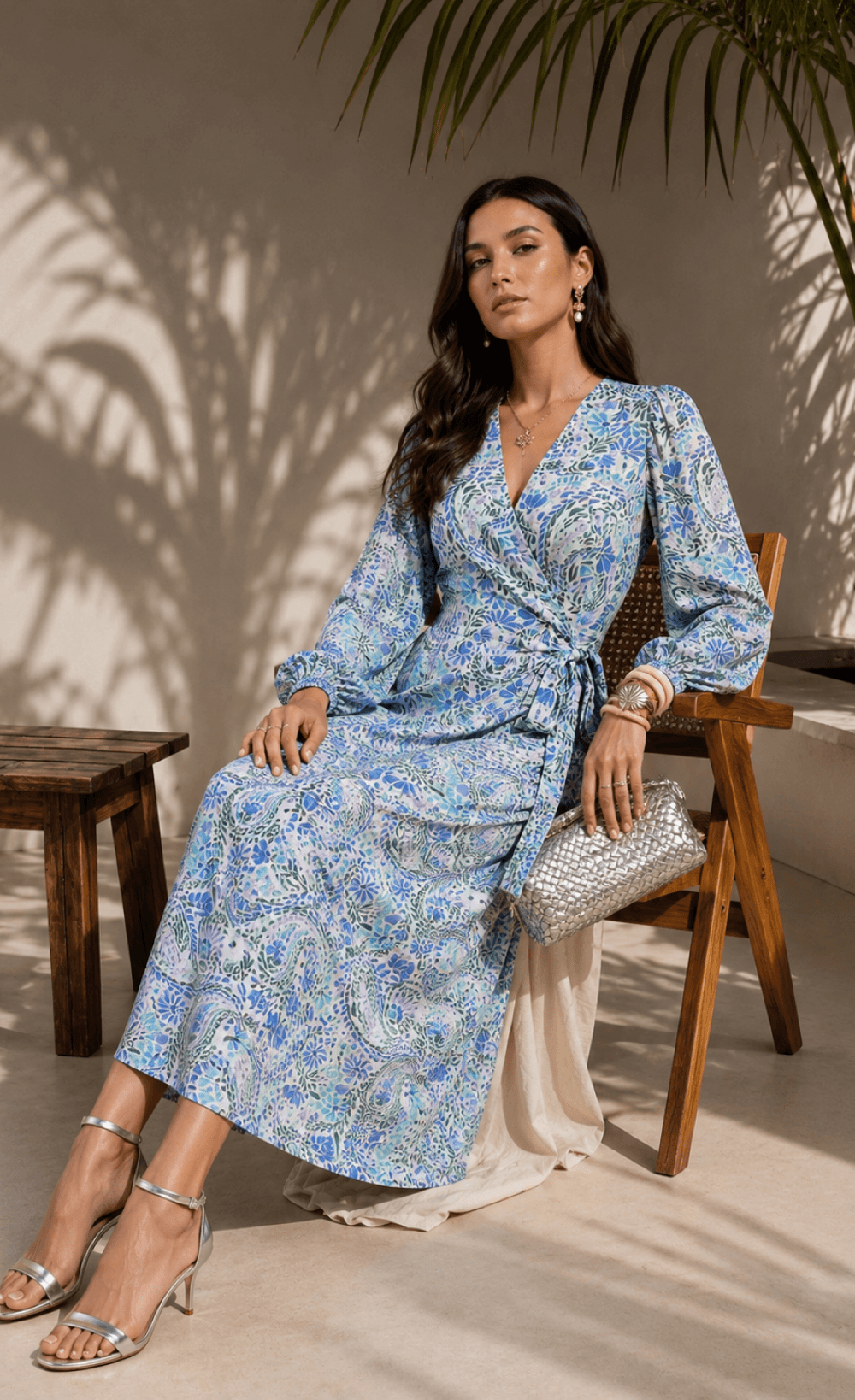 Blue Tropical Print Long Sleeve Wrap Midi Dress