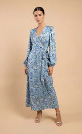 Blue Tropical Print Long Sleeve Wrap Midi DressDressesWrap DressLittle Mistress