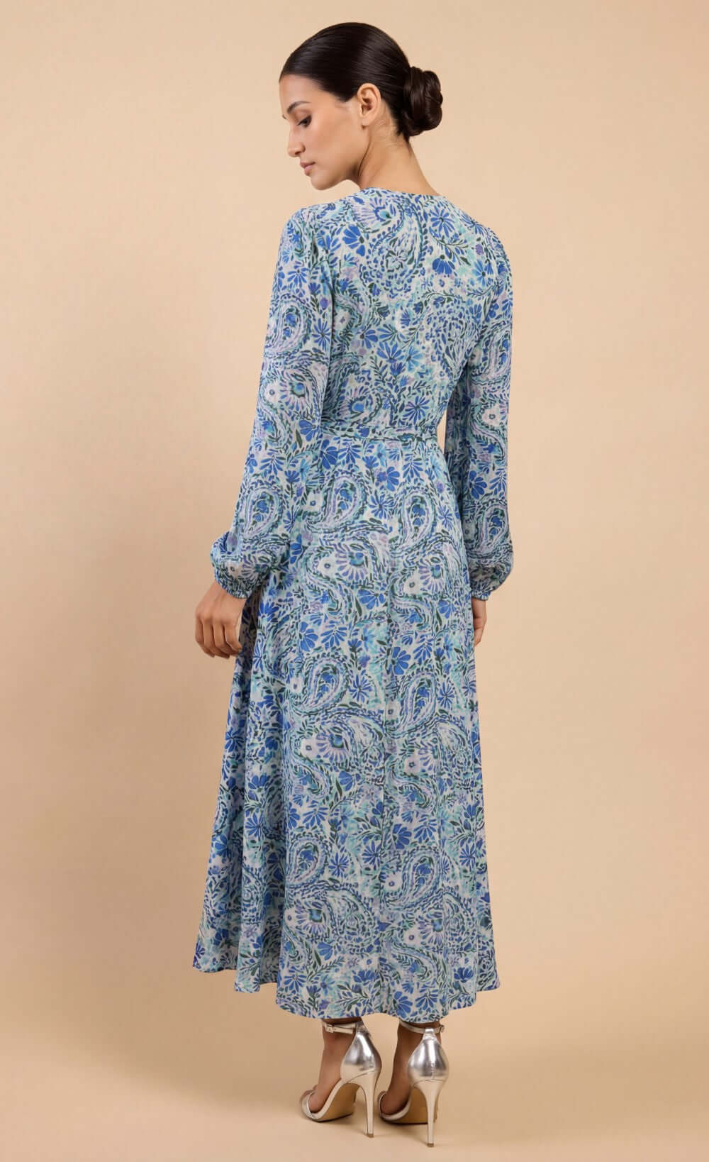 Blue Tropical Print Long Sleeve Wrap Midi Dress