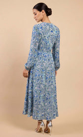 Blue Tropical Print Long Sleeve Wrap Midi DressDressesWrap DressLittle Mistress
