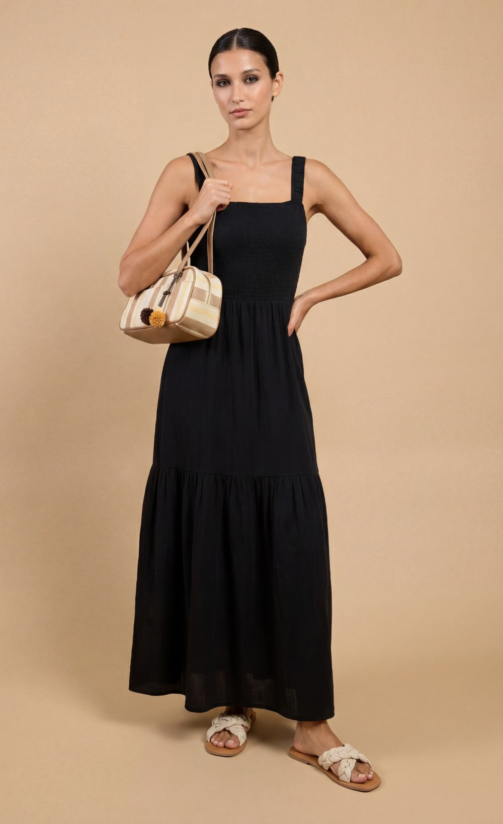 Black Cotton Gauze Smocked Maxi Dress