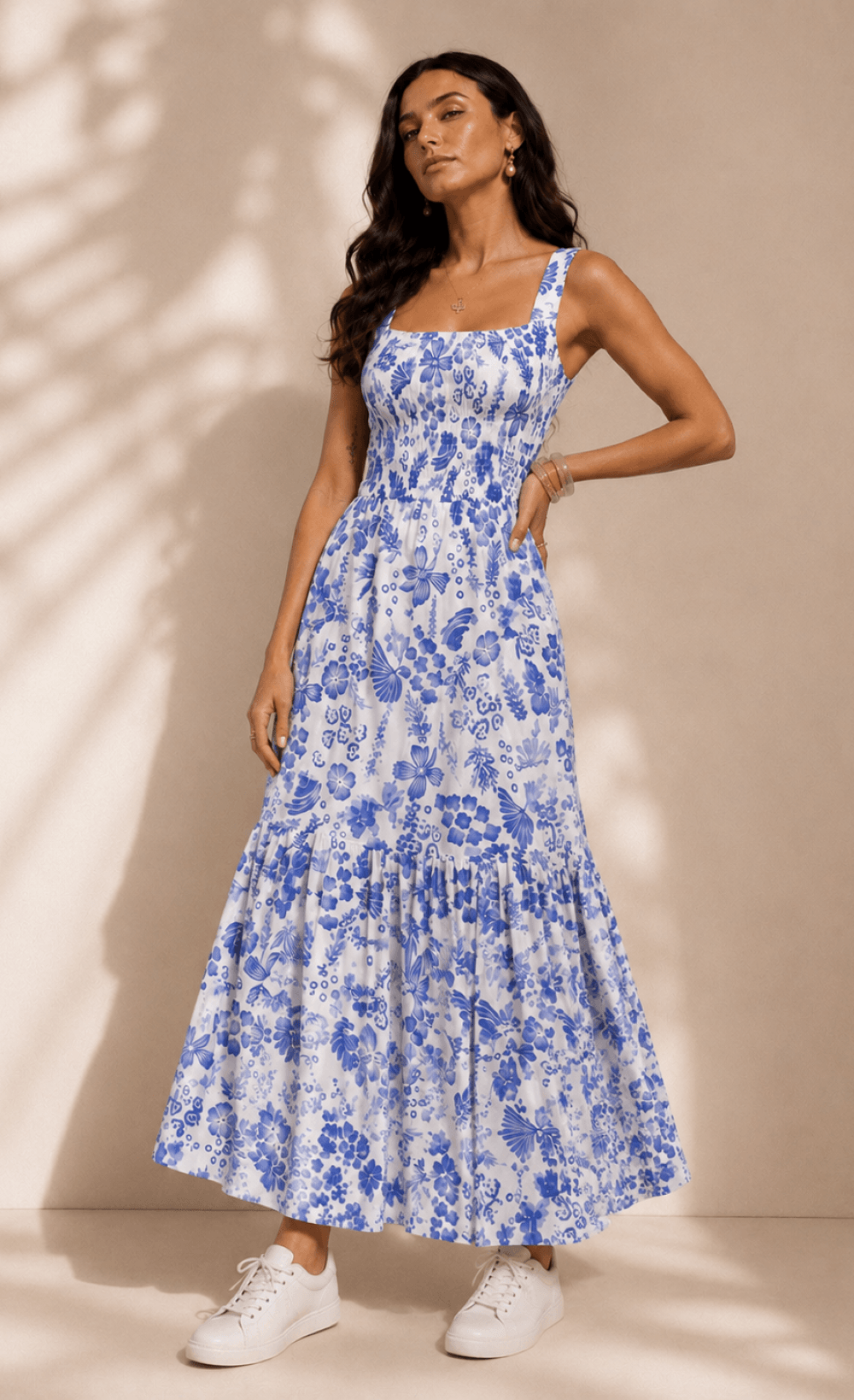 Blue Floral Print Cotton Gauze Smocked Maxi Dress