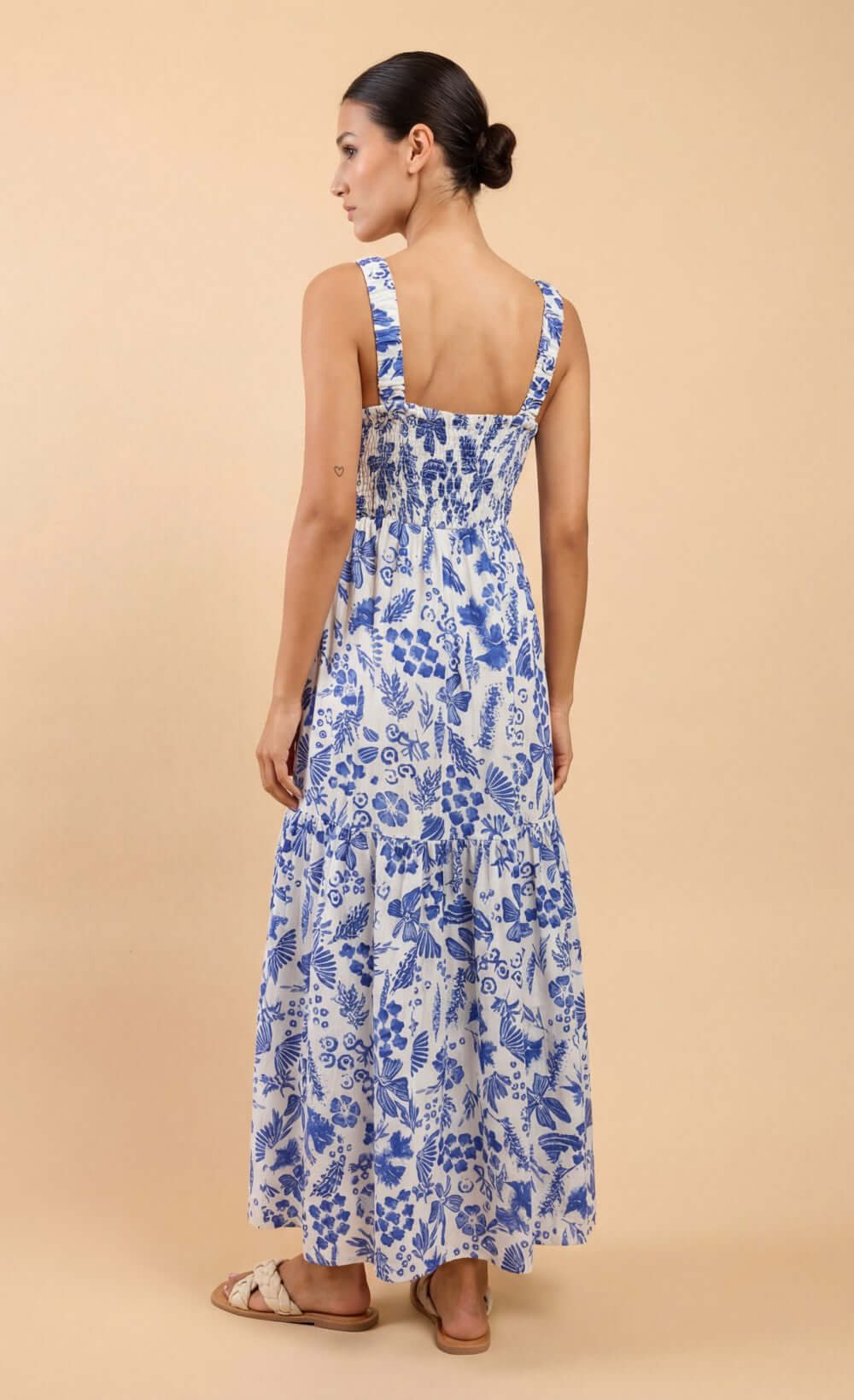 Blue Floral Print Cotton Gauze Smocked Maxi Dress