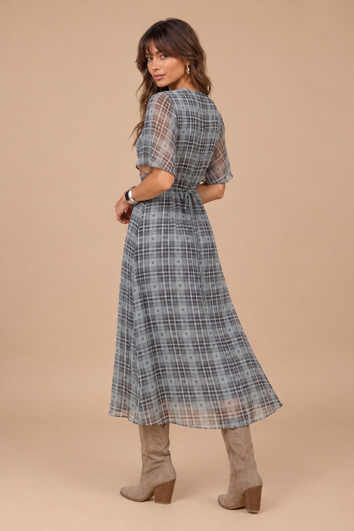 Grey Check Knot Front Chiffon Midi Dress