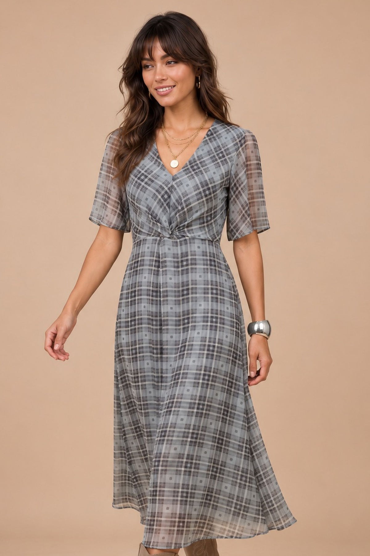 Grey Check Knot Front Chiffon Midi Dress