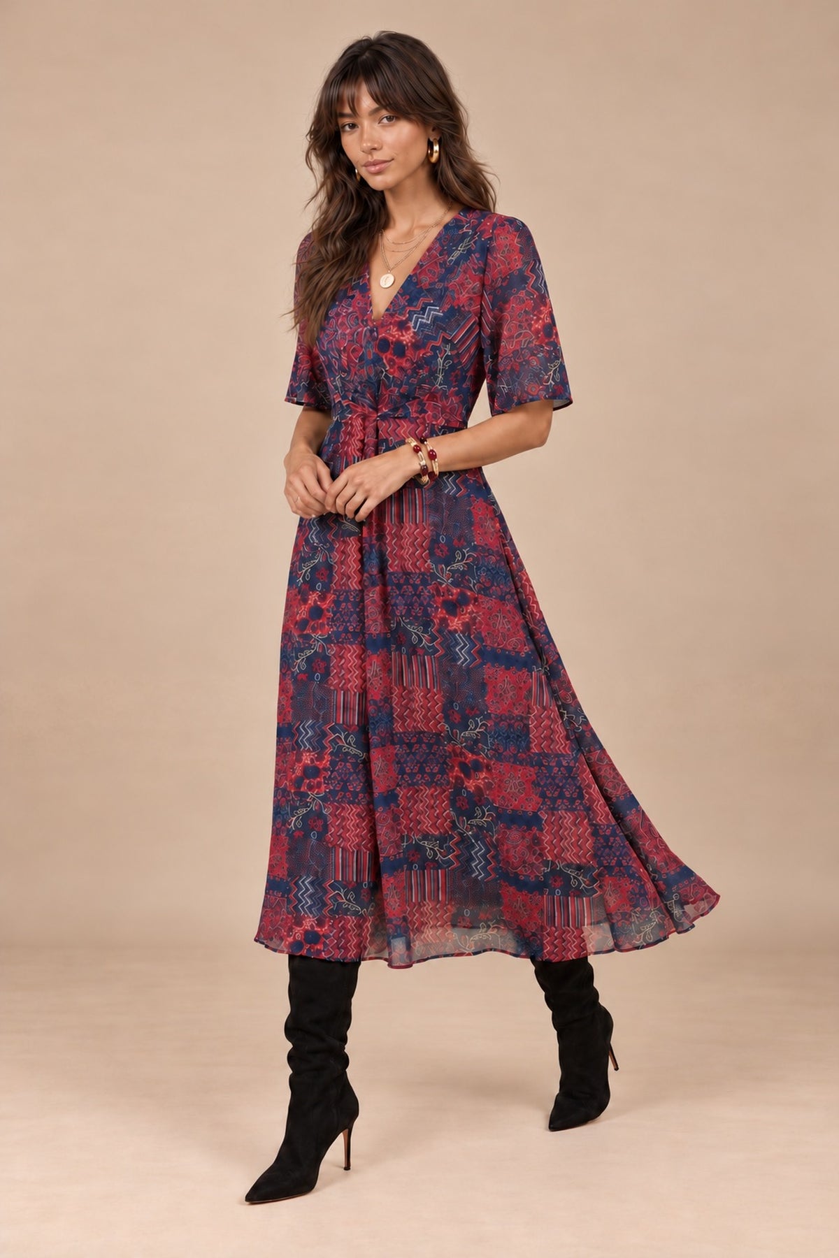 Blue Floral Knot Front Chiffon Midi Dress