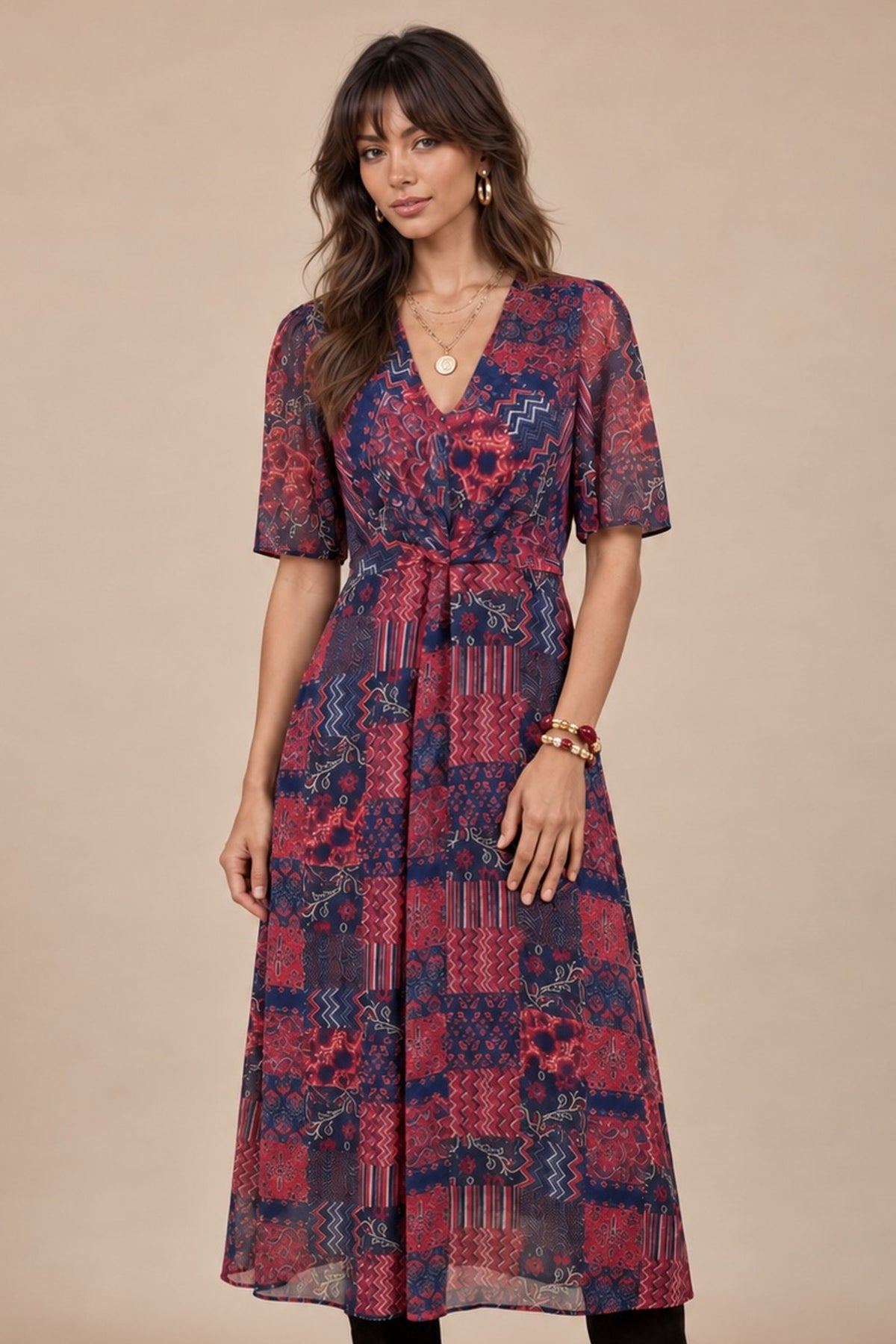 Blue Floral Knot Front Chiffon Midi Dress
